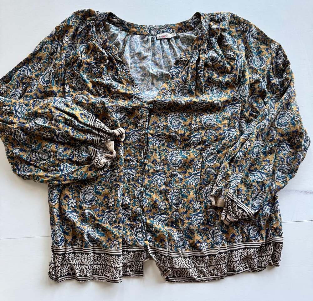 Faherty Enna Top Size XL Jaipur Flora Brown Viscose Boho Blouse